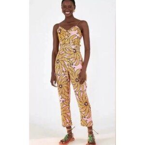 Farm Rio Jumpsuit Banana Print Linen Blend Halter Ladies Size XS Smocked Crop